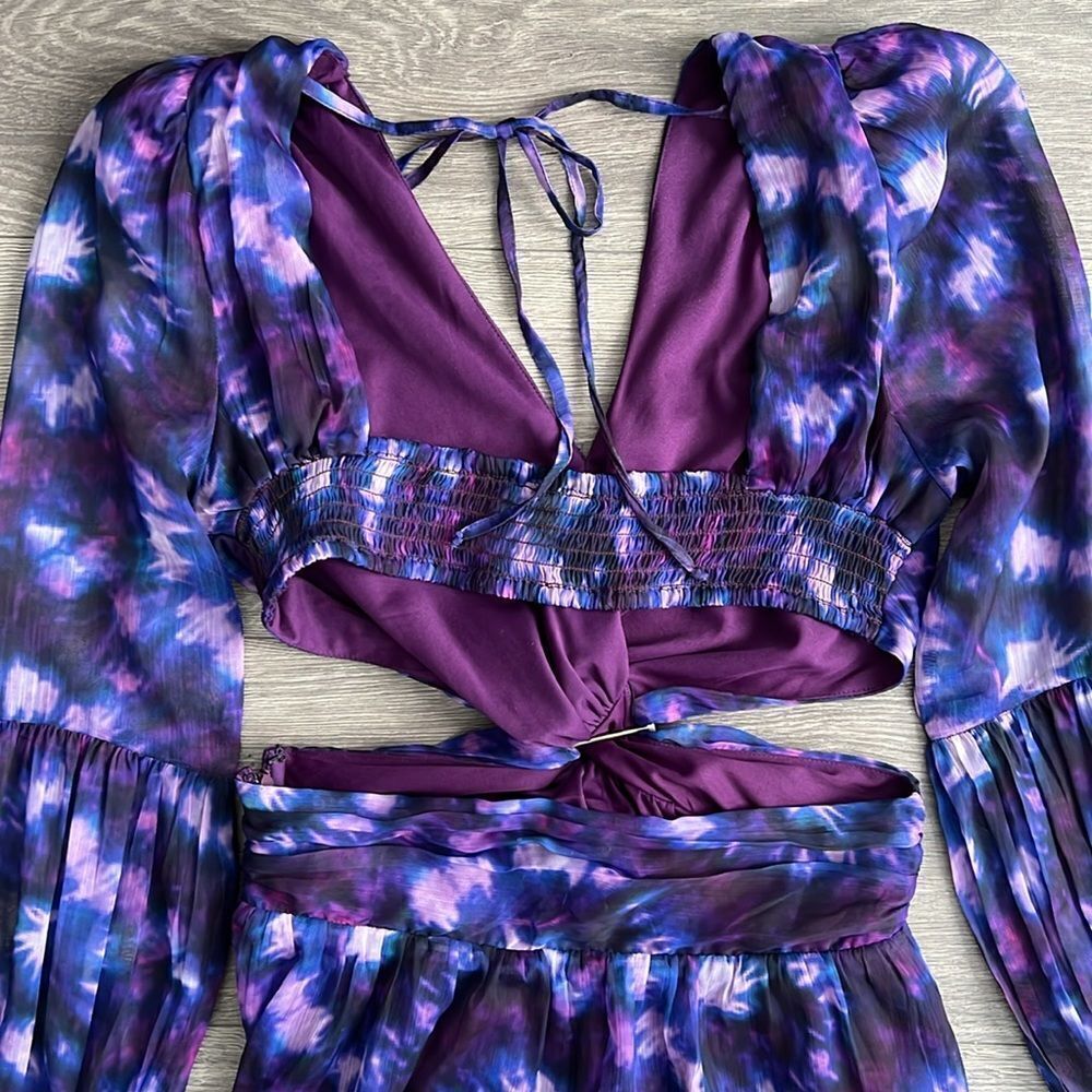 ShopBop RAHI Leila Cut Out Midi Dress Front Slit Chiffon Purple Tie Dye Small - Picture 9 of 12